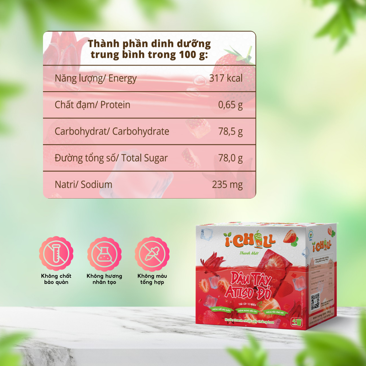 iChill Dâu Tây Atiso Đỏ Nước Thanh Nhiệt Sấy Thăng Hoa Từ Trái Cây Tự Nhiên 4 Gói X Hộp, Không Chất Bảo Quản, ISO 22000, HACCP, BRC