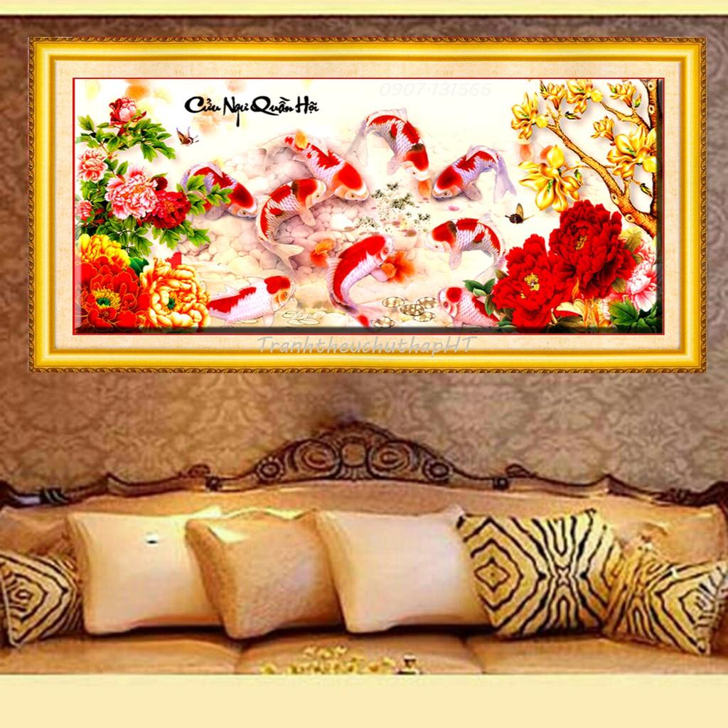 Tranh thêu chữ thập Cửu ngư quần hội LV3274 - tự thêu