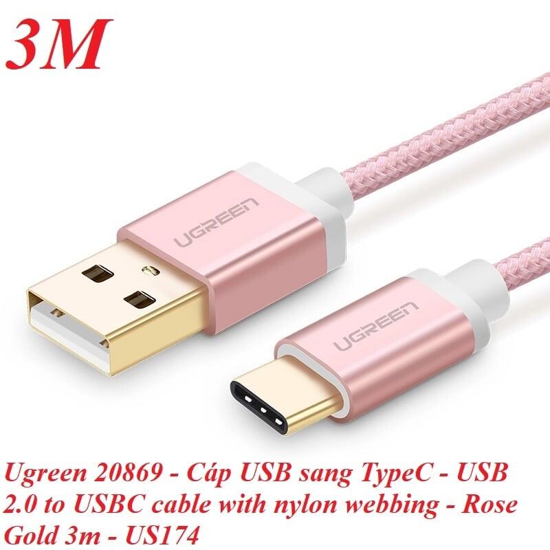 Ugreen UG20869US174TK 3M màu Hồng Dây USB 2.0 sang Type-C đầu nhôm dây bọc vinyl - HÀNG CHÍNH HÃNG