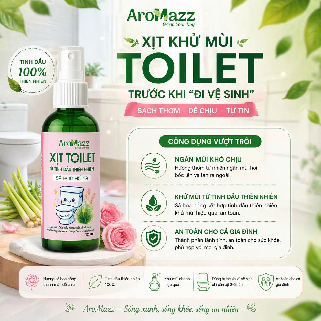 Xịt Khử Mùi Nhà Vệ Sinh Tức Thì Từ Tinh Dầu Thiên Nhiên AroMazz, Khử Mùi Trước Khi Đi Vệ Sinh, An Toàn Dùng Hàng Ngày