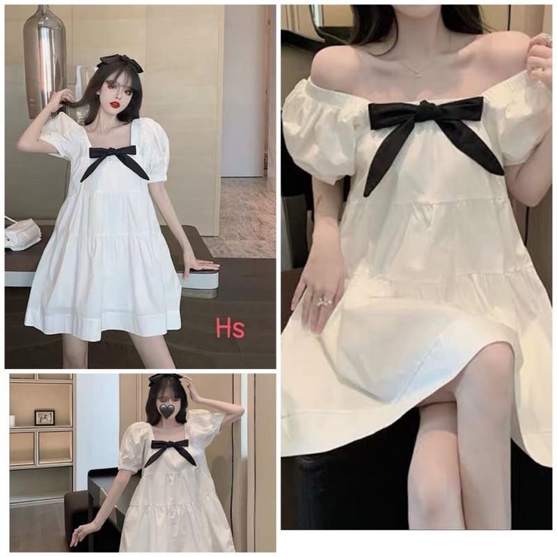 Váy Babydoll Công Chúa Nơ Ngực Siêu Xinh Đầm Trắng Nữ Tay Ngắn Cổ Rộng Nơ Đen