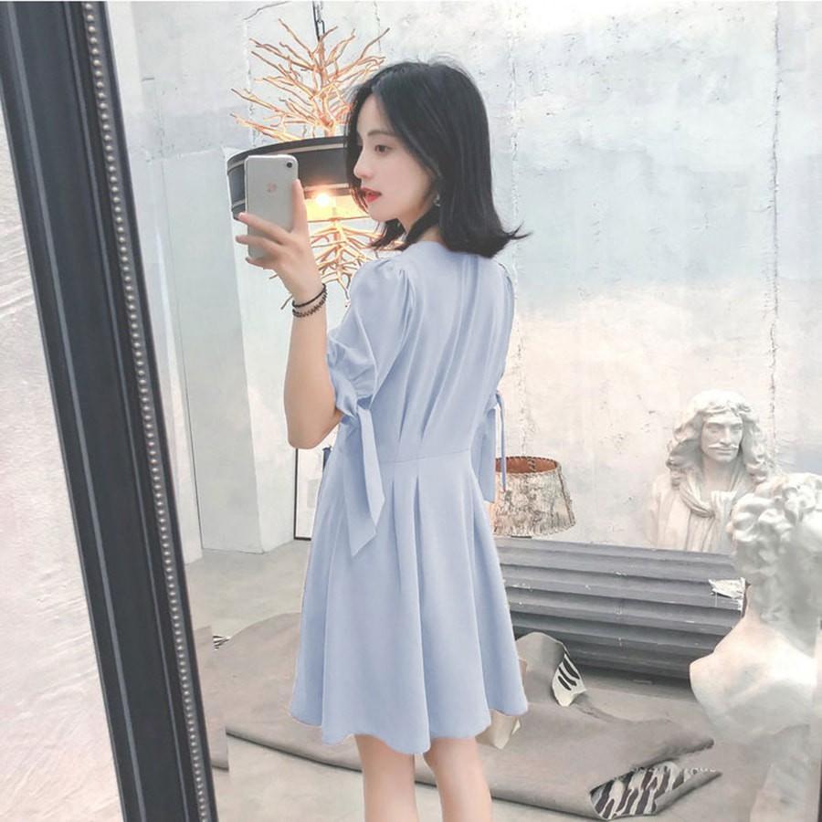 Đầm xanh pastel cột nơ tay dáng xòe dự tiệc đi chơi