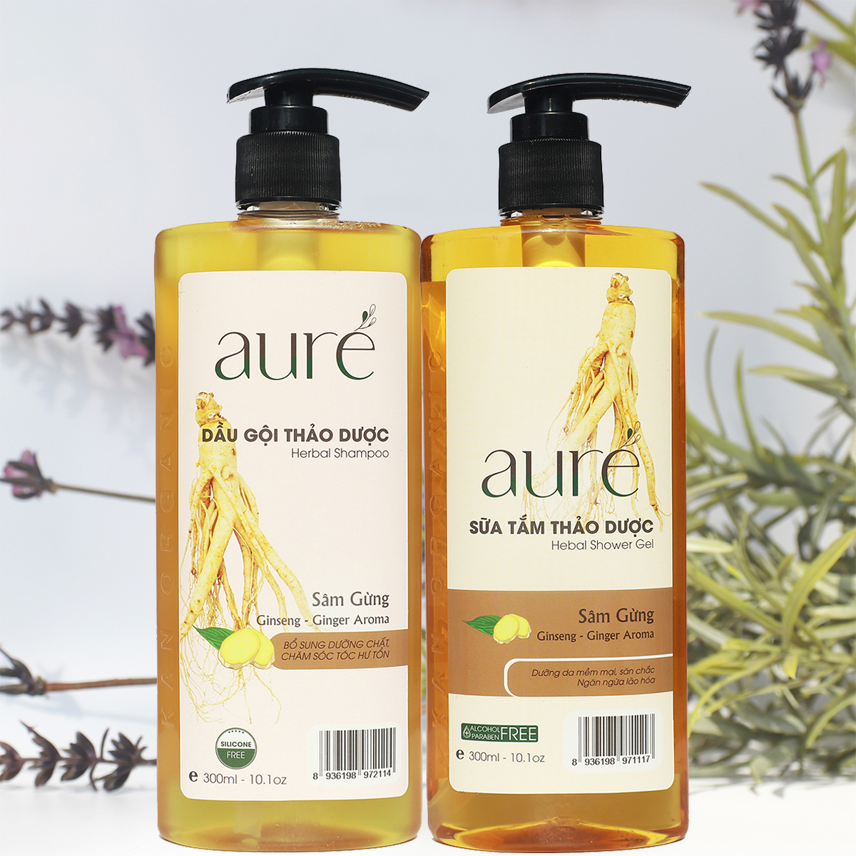 [COMBO Siêu Khuyến mại] AURÉ, Sữa tắm thảo dược Nhiệt, NHÂN SÂM GỪNG &amp; Dầu gội thảo dược Nhiệt, NHÂN SÂM GỪNG, Chai 300ml