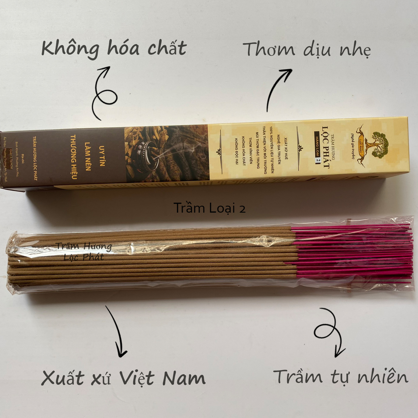 Nhang Sạch Trầm Hương Lộc Phát - Trầm Tự Nhiên Loại 2 (Hộp 50 cây)