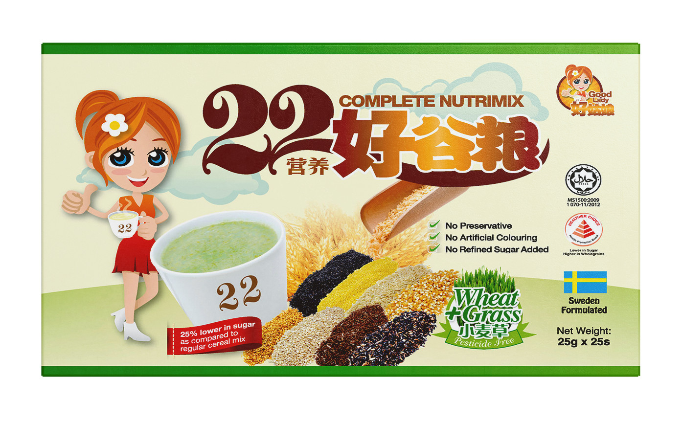 Ngũ cốc (sữa hạt) dinh dưỡng cao cấp 22 loại hạt hiệu Good Lady - 22 Complete Nutrimix - Wheat Grass (Mầm lúa mì) - hộp giấy 625g (25gói x 25g)