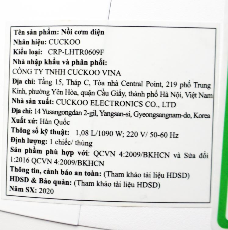 Nồi cơm áp suất cao tần Cuckoo 1.08 lít CRP-LHTR0609F - Hàng chính hãng