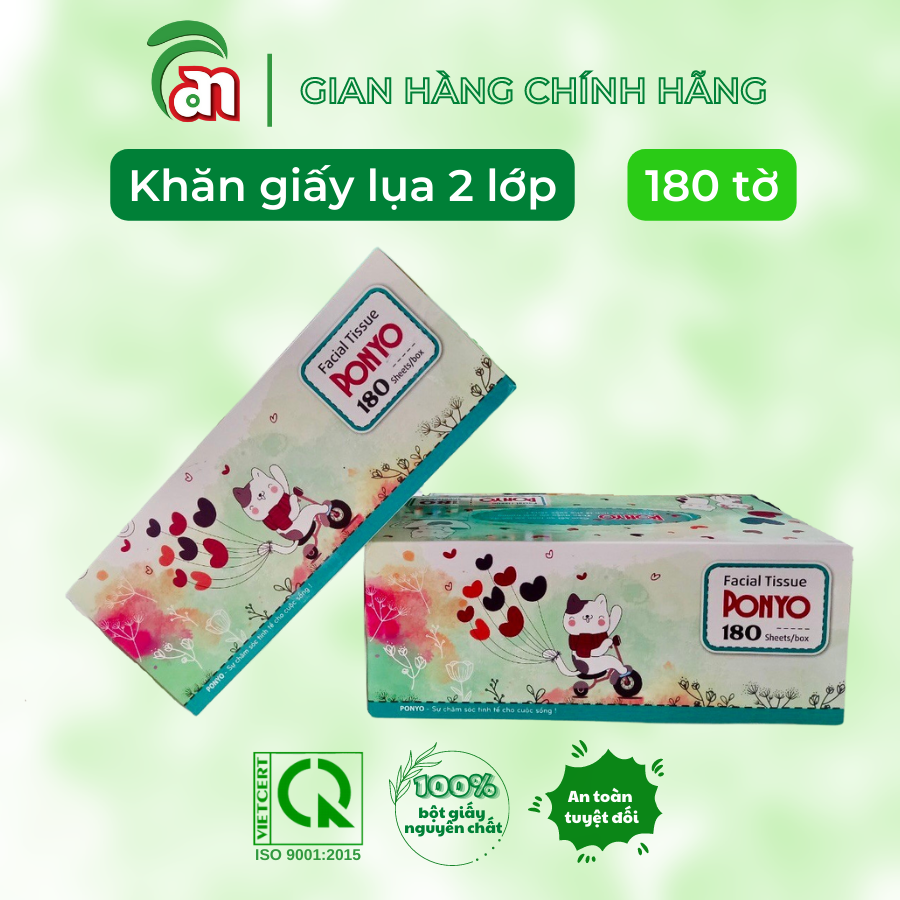 Hộp khăn giấy lụa PONYO - khăn giấy lau mặt cao cấp siêu mịn, không bụi 2 lớp 180 tờ - Thiên An Nam paper