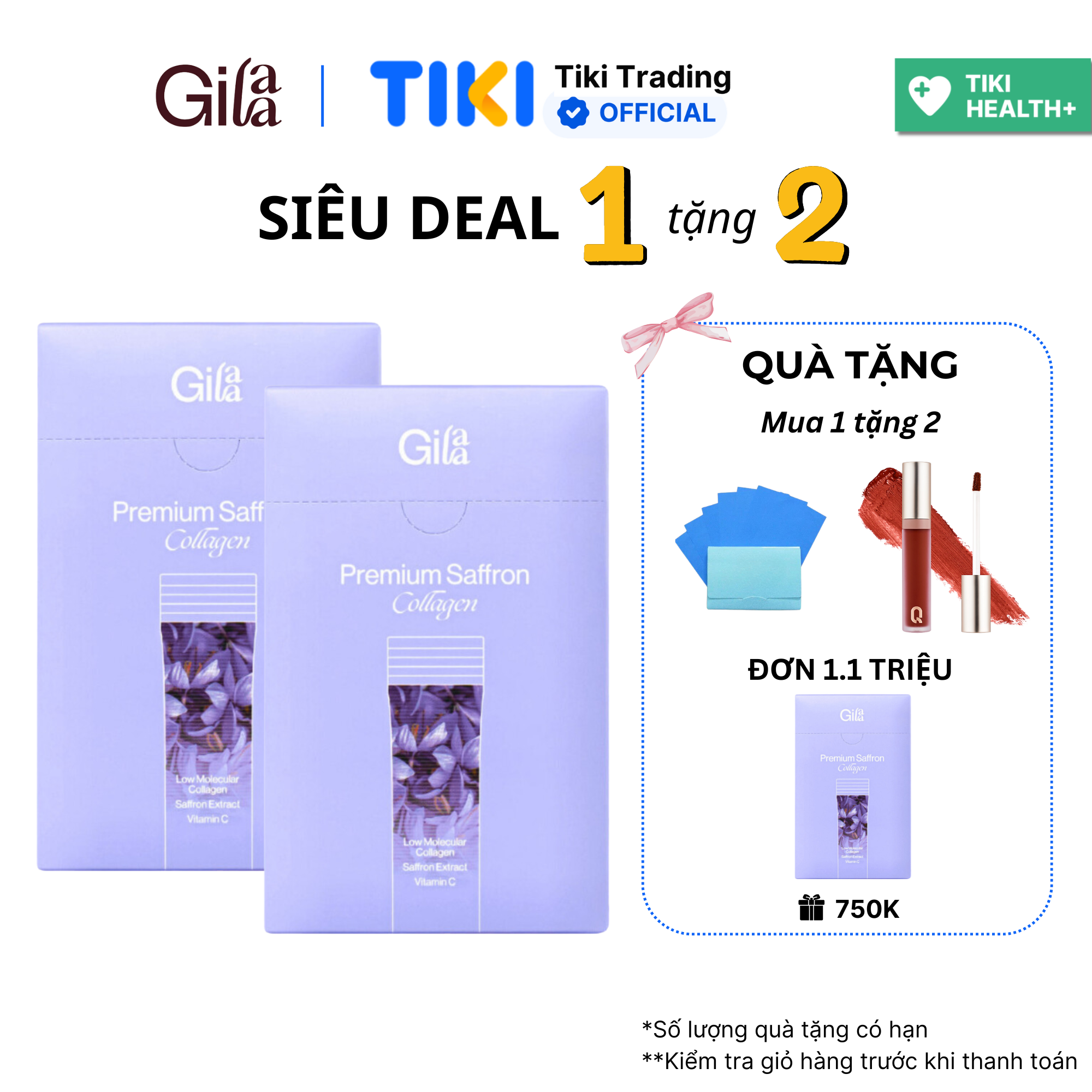 Combo 2 hộp Bột uống Collagen Gilaa Cao Cấp Kết Hợp Saffron (60 gói x 2)