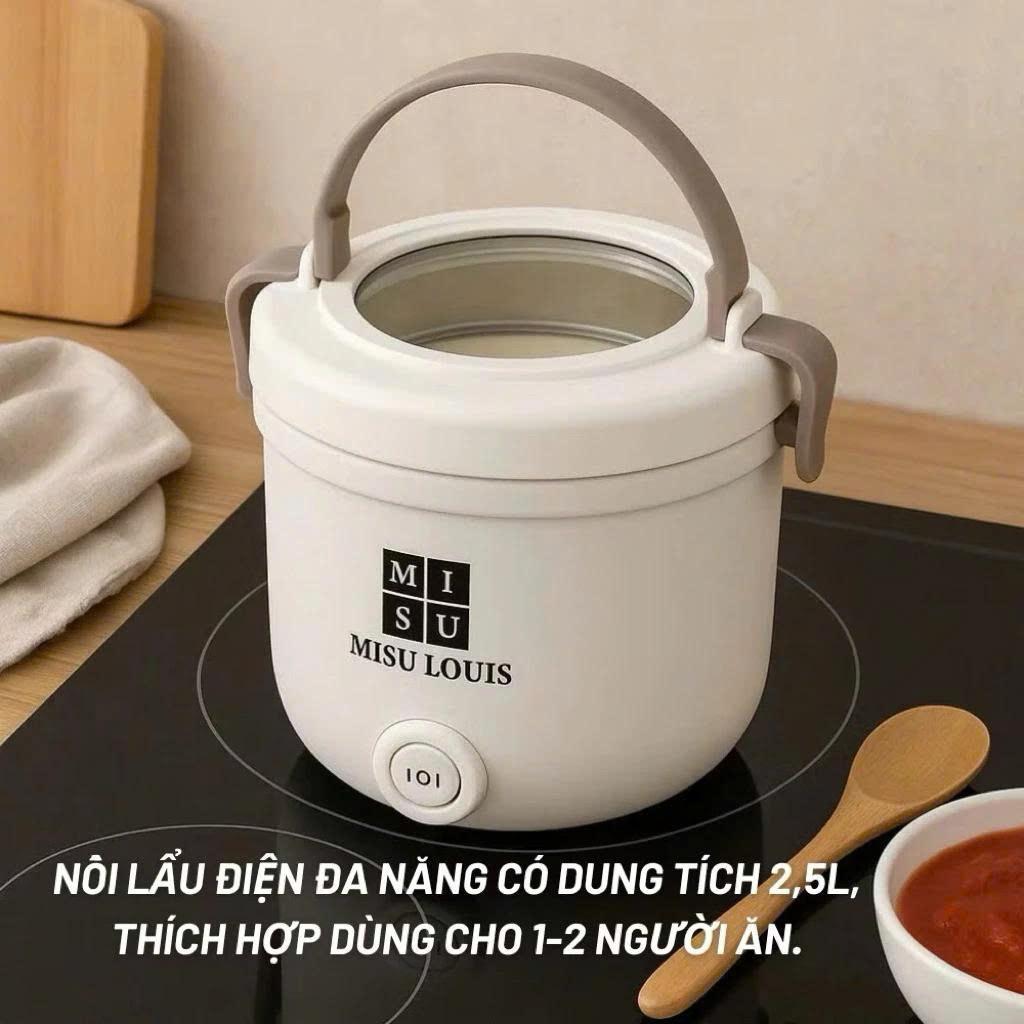 Nồi Lẩu Điện Đa Năng MISU LOUIS Kèm Giá Hấp Inox - Nồi Nấu Mini Chống Dính Cao Cấp Cho 1-2 Người Ăn