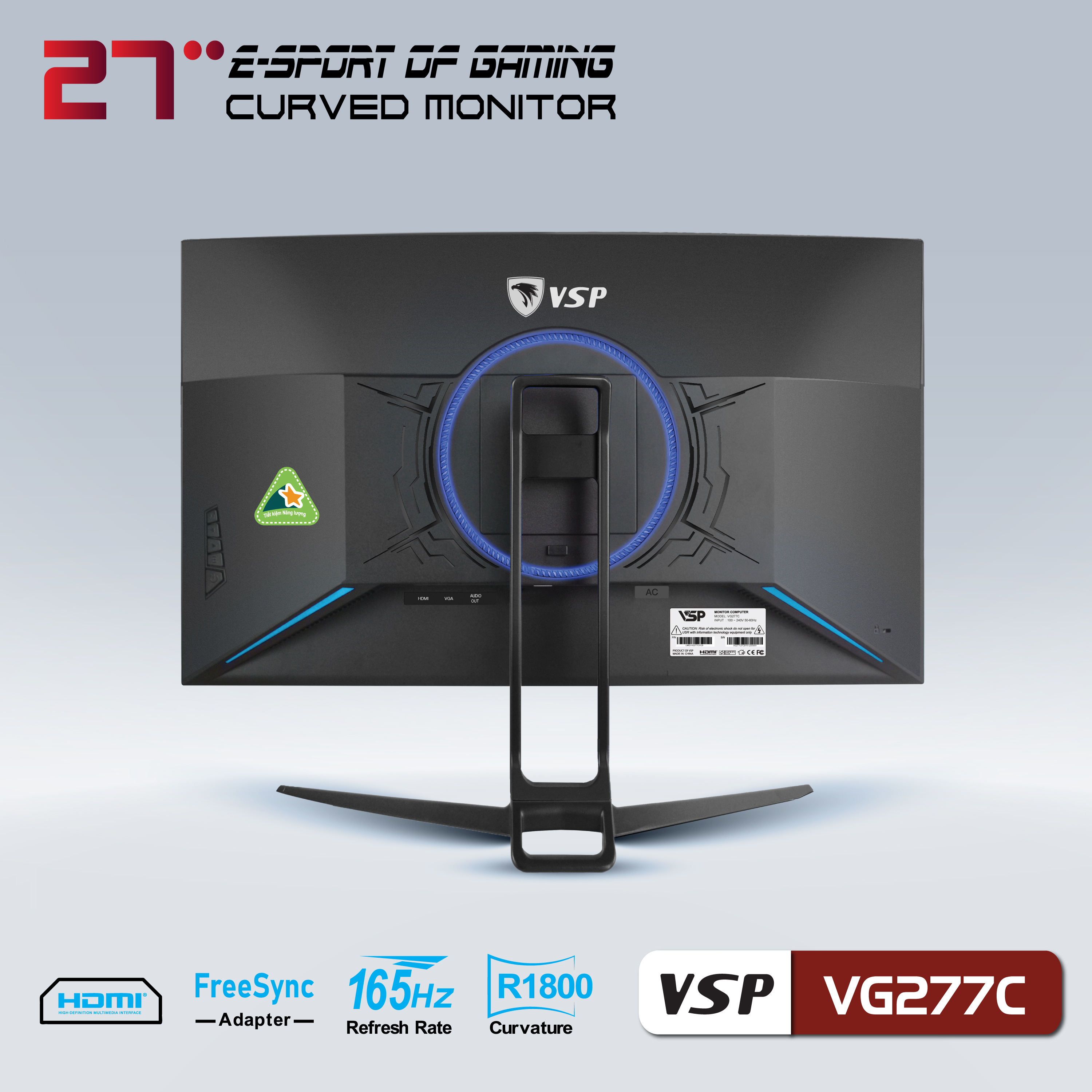 Màn hình máy tính 27inch VSP VG277C Cong 165Hz Gaming (27&quot; VA Full HD 1ms, HDMI+DisplayPort) - Hàng chính hãng TECH VISION phân phối