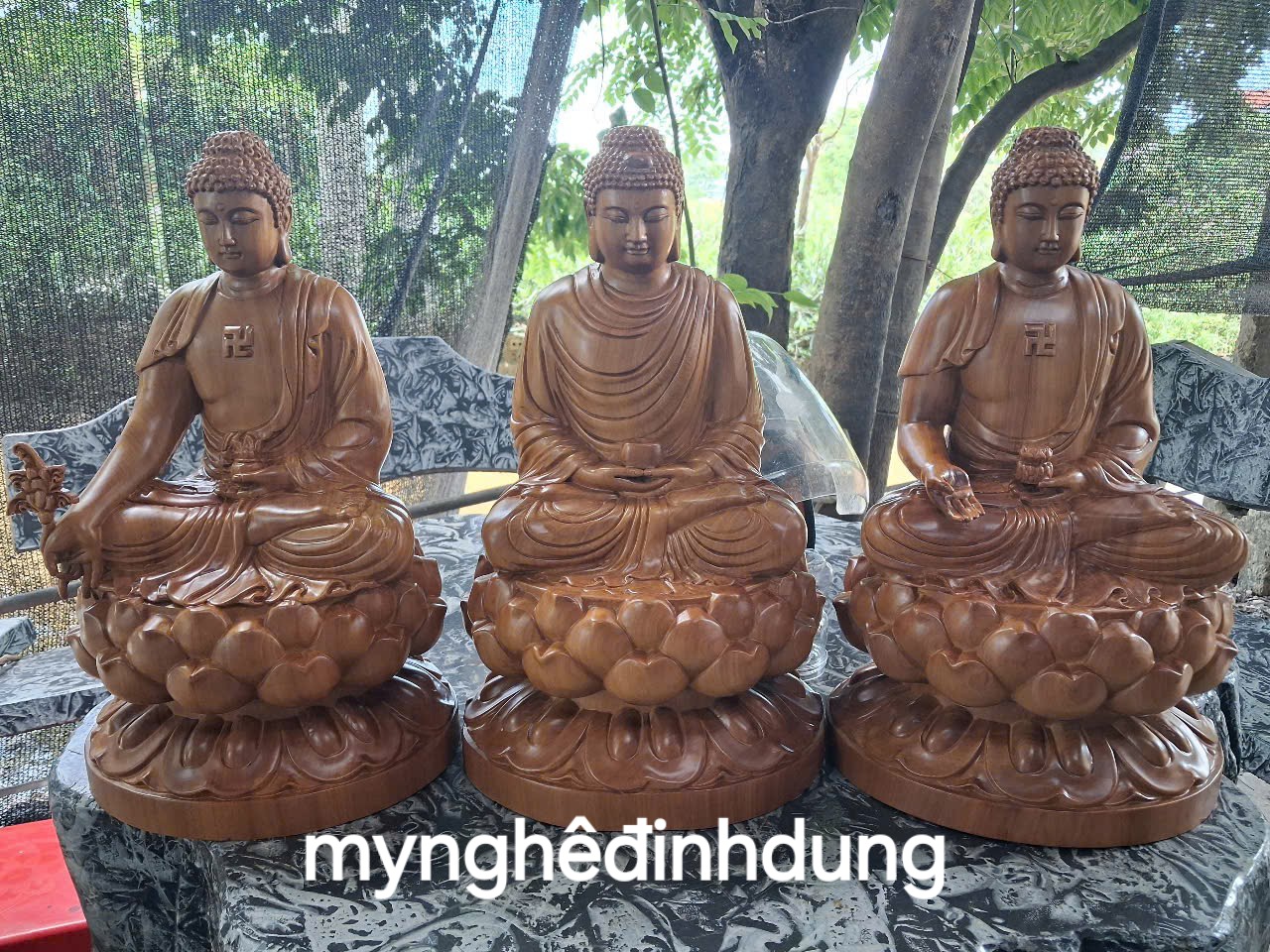 BỘ tượng tam thế phật bằng gỗ bách xanh thơm nức cao 40x24x20cm