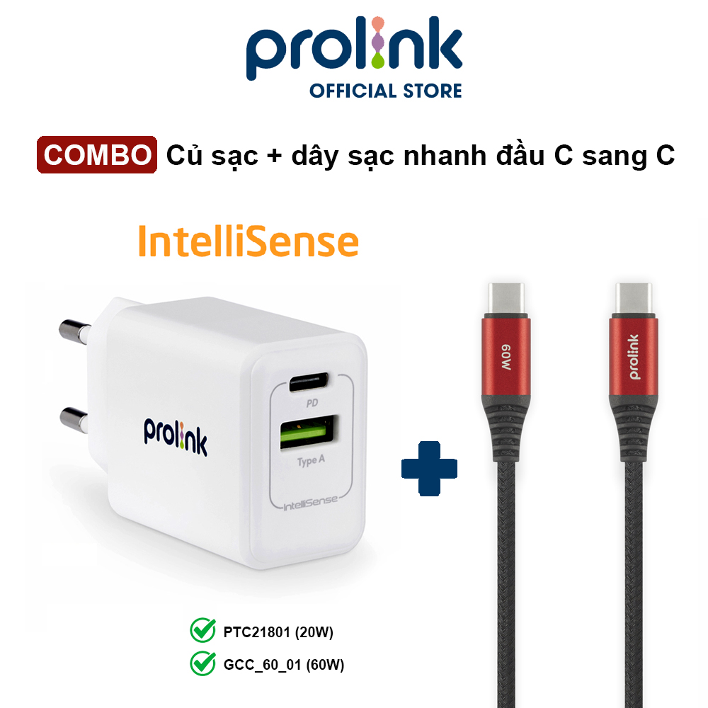 COMBO Củ sạc + dây sạc nhanh PROLiNK PTC21801 &amp; GCC_60_01 đầu C sang C dành cho điện thoại, máy tính bảng - Hàng chính hãng