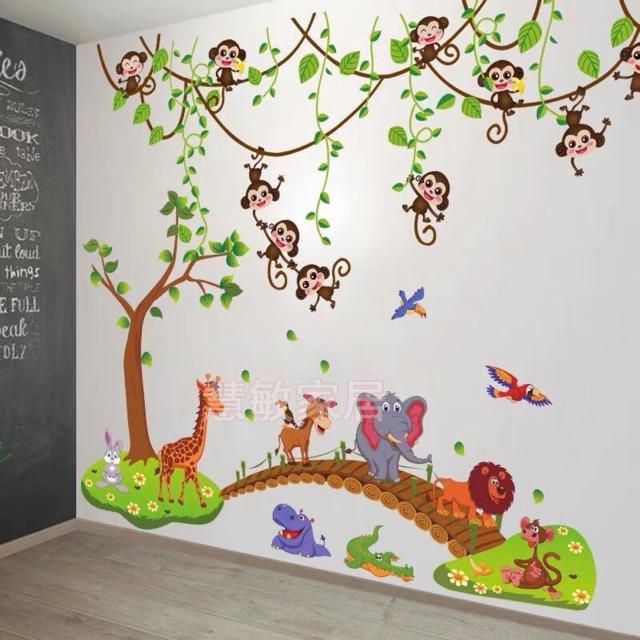 BỘ COMBO DECAL GHÉP ĐÔI dán tường - Cây Cầu Gỗ và Dây Leo Khỉ