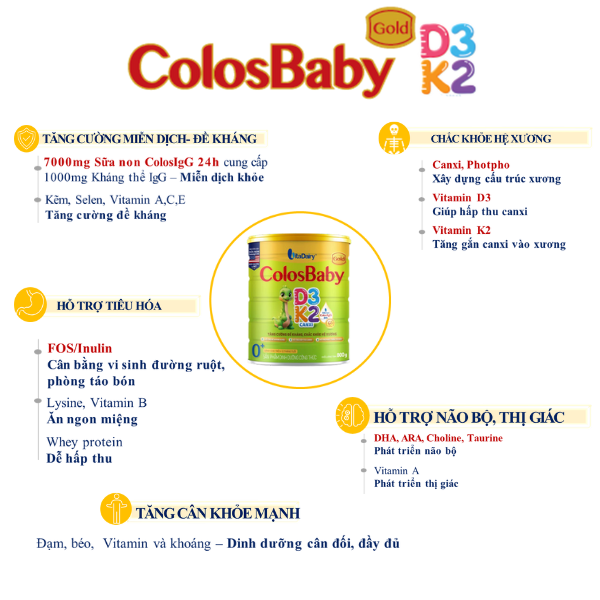 Sữa non Colosbaby Gold D3K2 0+ 800g, sữa bột giúp bé tăng cường đề kháng, chắc khỏe hệ xương - VitaDairy