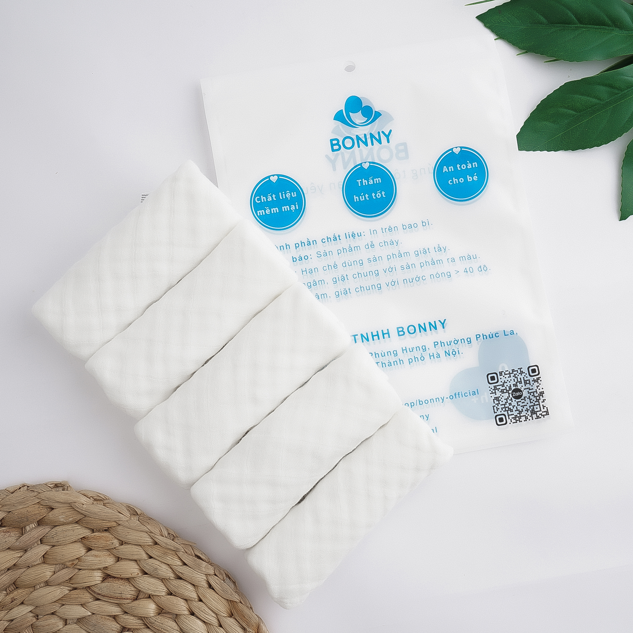 Set 5 Khăn Rửa Mặt 4 Lớp Sợi Tre Lụa Mềm, Thấm Hút Tốt, Kháng Khuẩn 100% Thương Hiệu Bonny