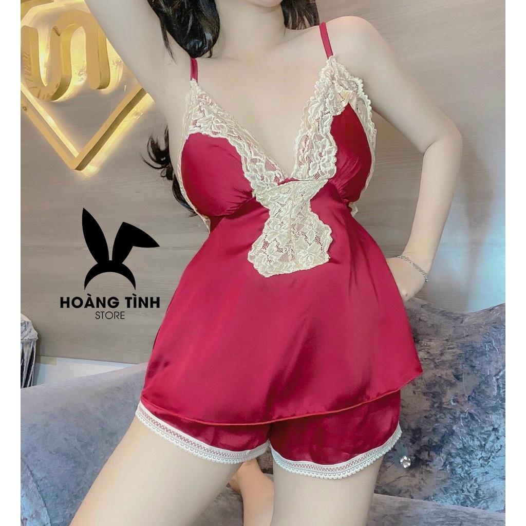 Đồ ngủ sexy đồ ngủ 2 dây phối ren có mút ngực Hoàng Tình Store, chất liệu lụa satin, freesize 40-60kg tùy chiều cao