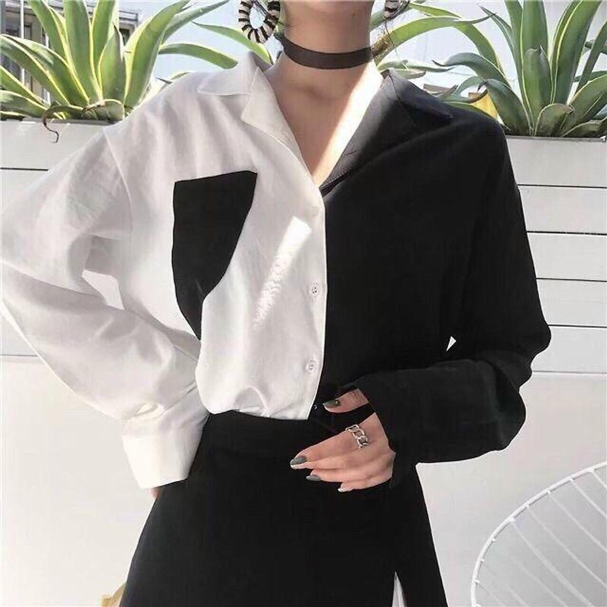 Áo sơmi phối 2 màu Trắng Đen