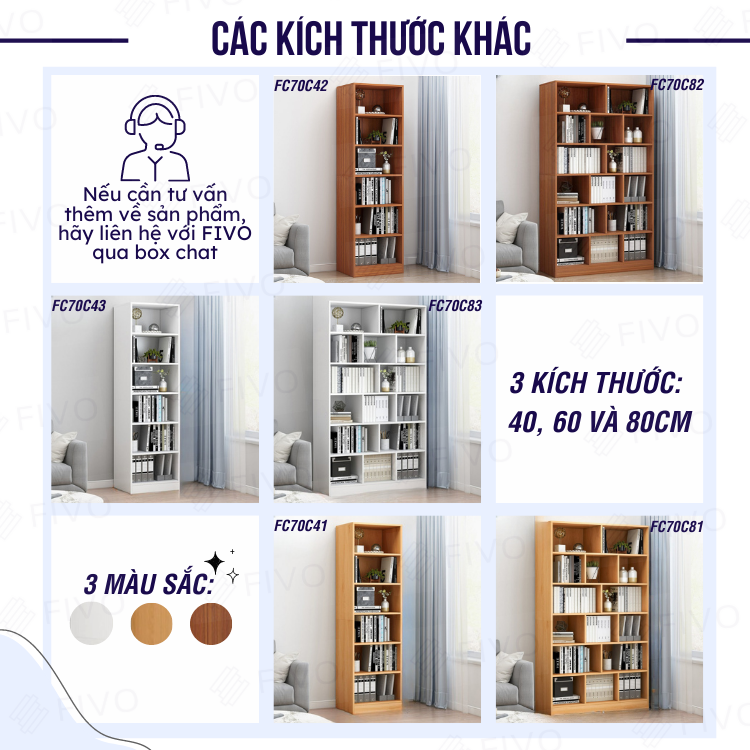 Kệ Sách Gỗ Đứng Chất Liệu MDF FIVO FB70 (60 x 24 x 179cm) Lắp Ráp Dễ Dàng (Có Tấm Lưng Phía Sau) - Hàng Chính Hãng