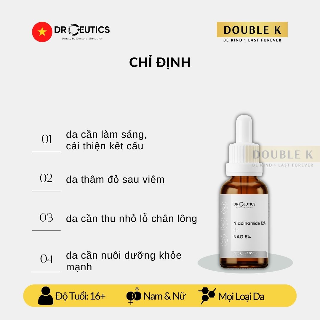 DrCeutics Niacinamide 12% + NAG 5% - Serum Sáng Da, Mờ Thâm Mụn, Se Nhỏ Lỗ Chân Lông - Double K