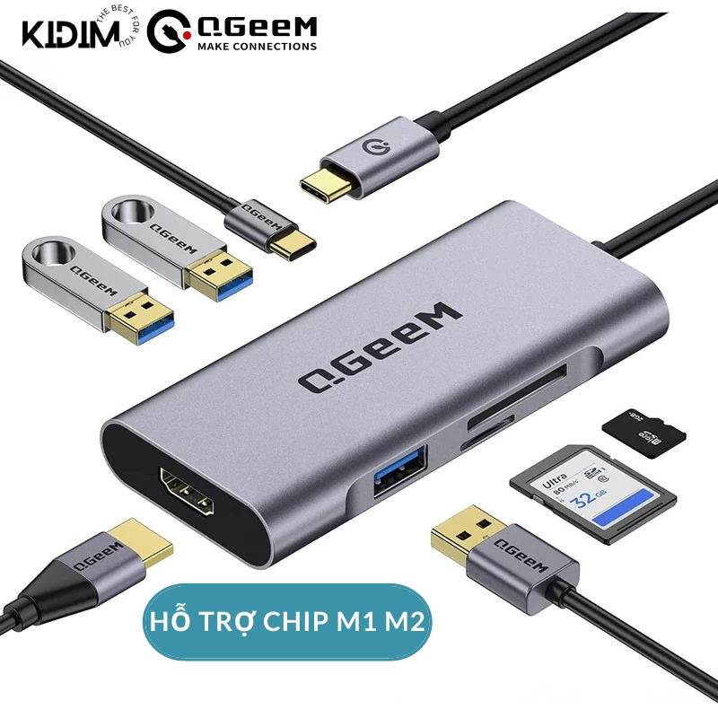 Hub Chuyển Đổi QGeeM Type C 7 trong 1 hỗ trợ chip M1 M2 Type C(Thunderbolt 3) sang HDMI 4K, 1 x USB-C sạc nhanh PD 100W, 3 x USB 3.0, 1 khe đọc thẻ SD&amp;TF - Hàng Chính Hãng