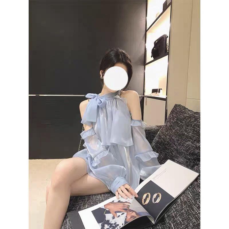 Áo bèo cổ nơ dáng yếm khoét vai tay rơi chất tơ ngọc tra.i, Áo bánh bèo cổ yếm màu xanh da trời, kem be