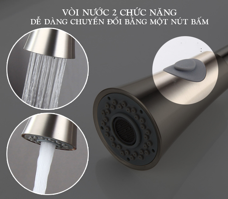 Vòi Rửa Chén Bát Nóng Lạnh Gắn Chậu Có Dây Rút Bằng Inox Sus 304