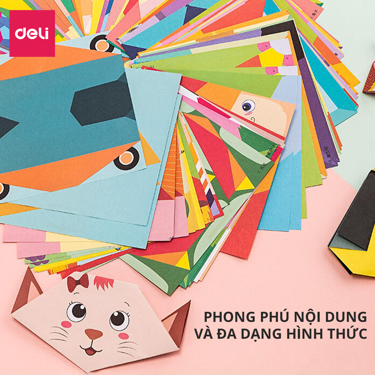 Combo 100 tờ giấy origami thủ công Deli hoạ tiết in sẵn - Kèm hướng dẫn sử dụng - Gấp hạc, hoa, động vật, ô tô, nhà cửa - Giúp các bé thỏa sức sáng tạo - 74817 / 74818