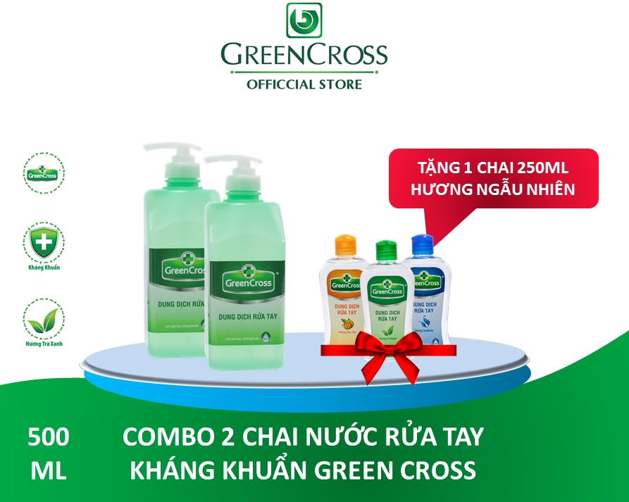 COMBO 2 CHAI 500ML NƯỚC RỬA TAY GREEN CROSS - Tặng thêm 1 Chai Nước rửa tay Green Cross 250ml Greentea