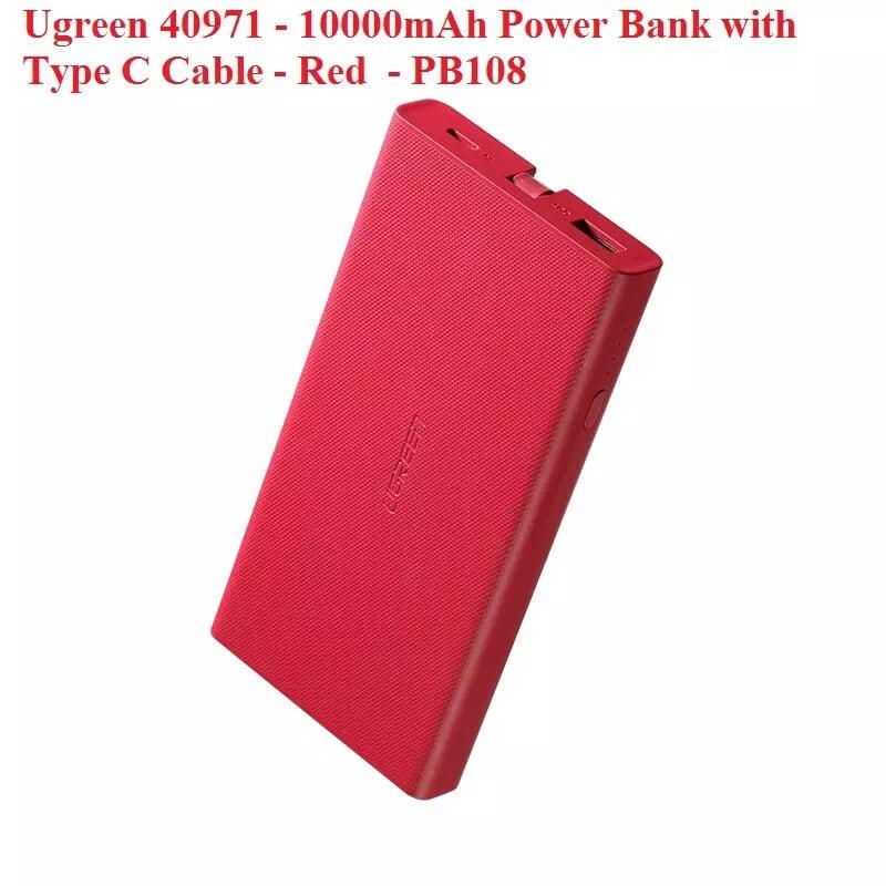 Ugreen UG40971PB108TK 10000mAh màu Đỏ Sạc dự phòng + cáp sạc TypeC tích hợp - HÀNG CHÍNH HÃNG