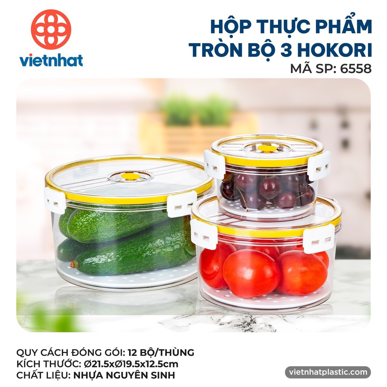 Bộ 3 hộp đựng thực phẩm tròn 6558, Hộp Đựng Thực Phẩm Tủ Lạnh Có Ngăn Tách Nước