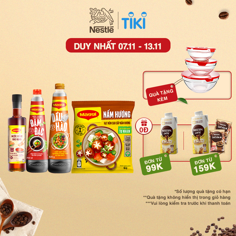 [Tặng bộ 3 thố thủy tinh Maggi] Combo Maggi hoàn chỉnh 1: 1 dầu hào chai 820g + 1 nước tương đậu nành đậm đặc 700ml + 1 hạt nêm nấm hương 450g + 1 nước mắm hảo hạng 490ml