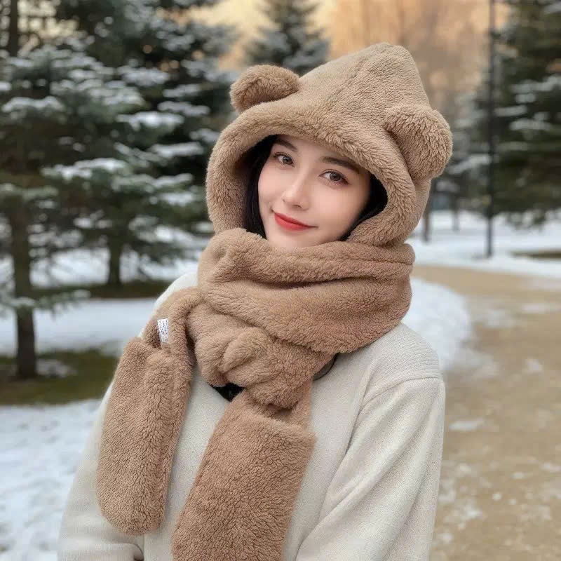 Mũ khăn quàng cổ mũ lông gấu có găng tay thời trang siêu dễ thương giữ ấm dành cho nữ