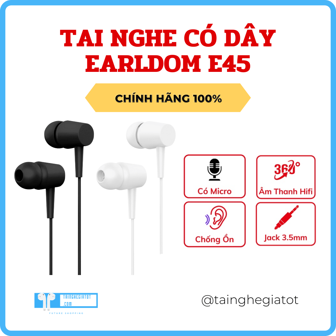 Tai nghe nhét tai có dây Earldom E45 jack 3.5 chống ồn dây dài 120cm Hàng Chính Hãng