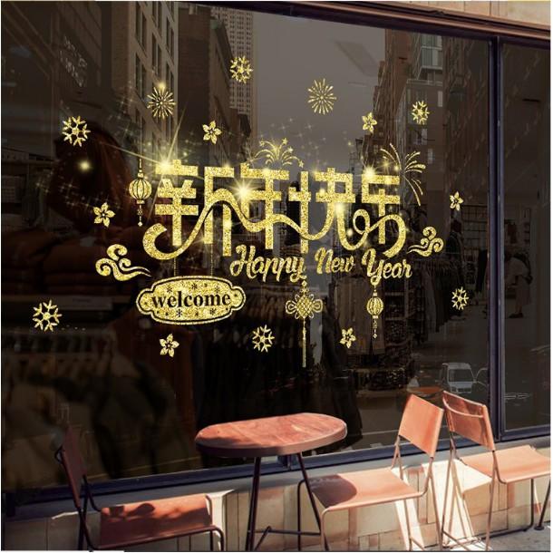 Decal trang trí tết - Chữ HAPPY NEW YEAR Nhũ kim tuyến vàng đẹp xuất sắc