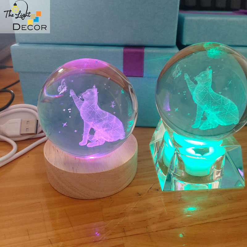 Bộ Quà Tặng Quả Cầu Pha Lê 3D larser LED Mèo 6cm
