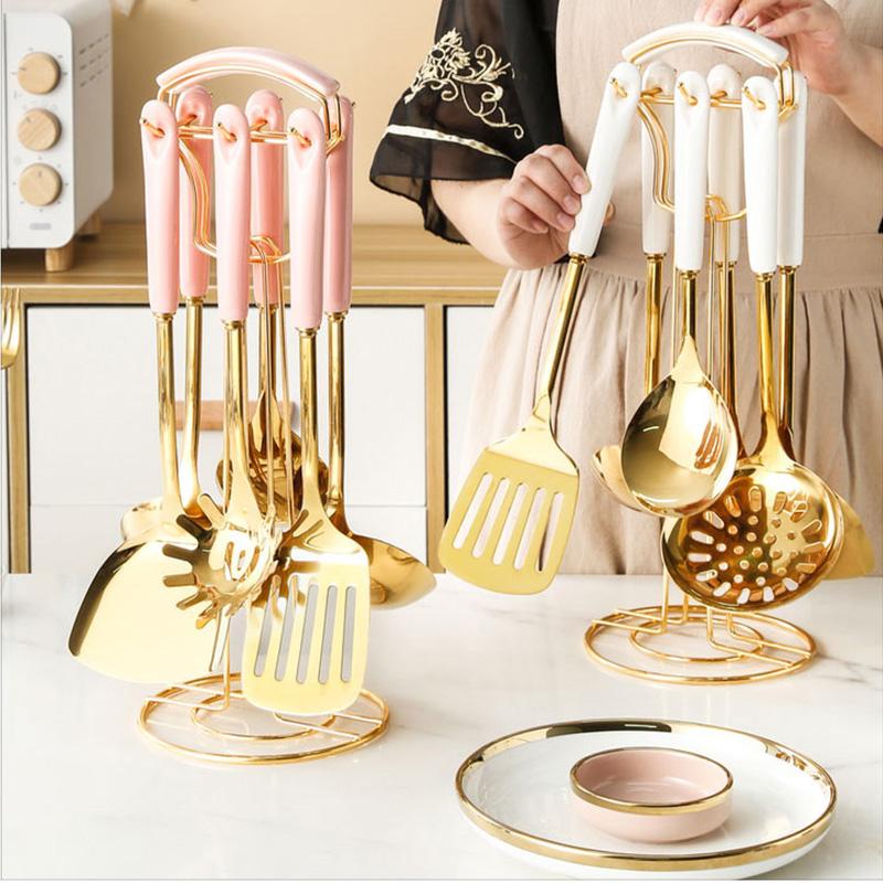 6/7PC Nồi Bộ Đồ Dùng Nhà Bếp Phong Cách Bắc Âu Cao Cấp Thép Không Gỉ Gốm Tay Cầm Dụng Cụ Nấu Ăn Dụng Cụ Nhà Bếp Phụ Kiện