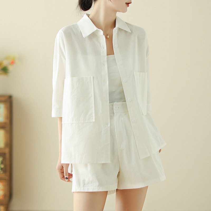 Bộ đồ cho nữ 2 chi tiết gồm áo sơ mi có túi và quần short dáng chữ A, set linen nữ hàn quốc