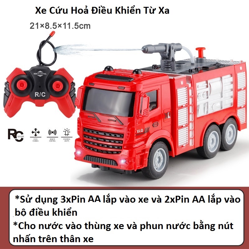 Xe cứu hoả điều khiển từ xa phun nước bằng tay, bộ đồ chơi xe cứu hoả điều khiển có pin sạc dành cho bé