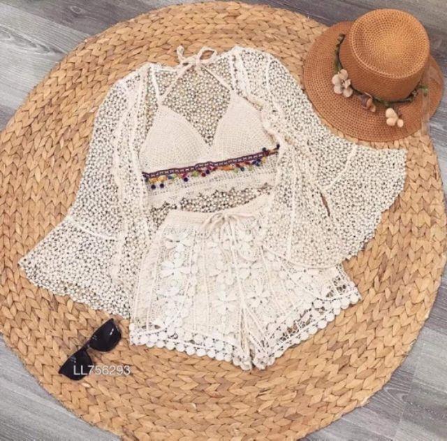 Set bikini ren đi biển 3 món sang chảnh