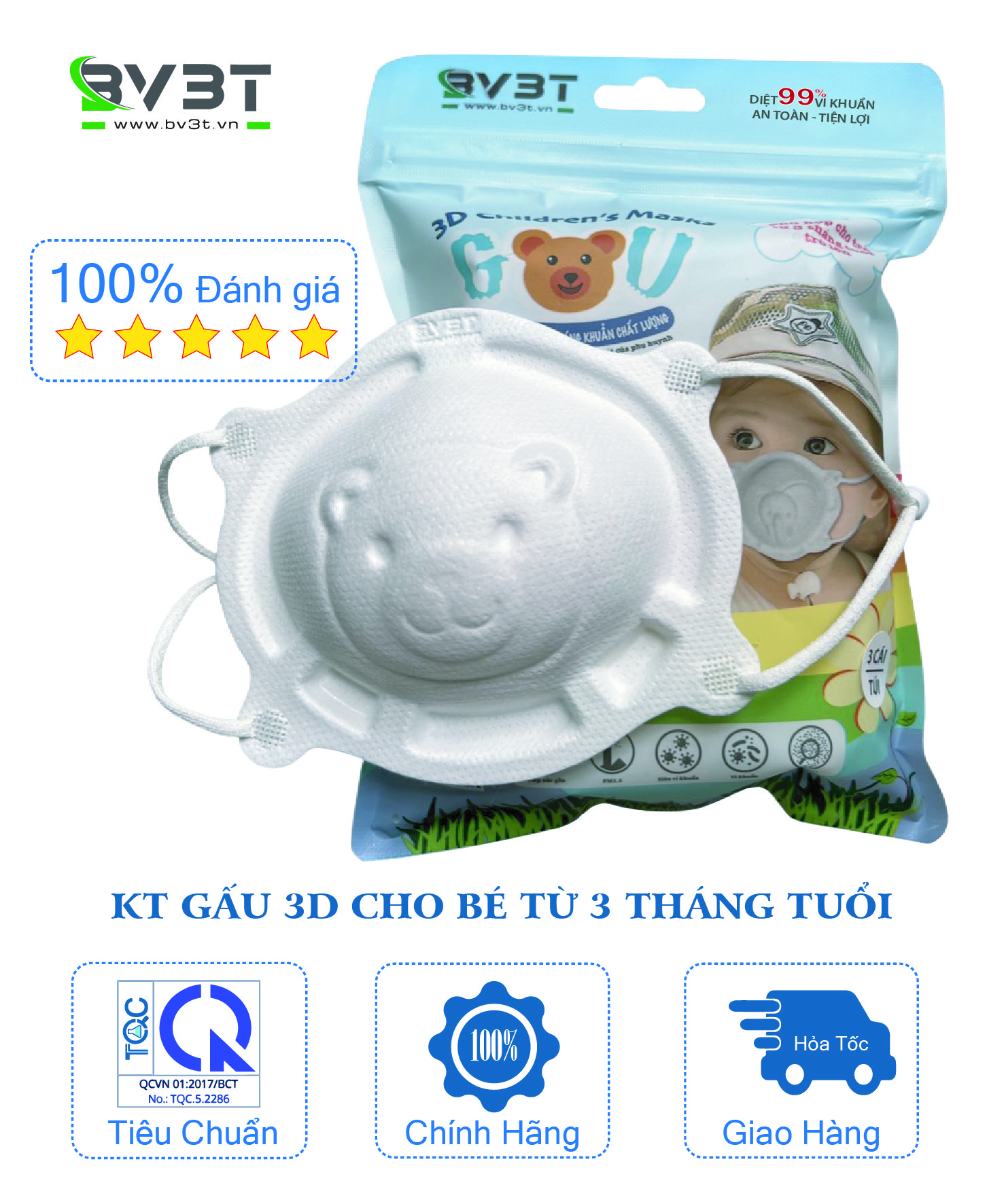 Khẩu Trang 3D Em Bé Gấu Trúc BV3T - Sản phẩm giành cho bé từ 03 tháng tuổi trở lên