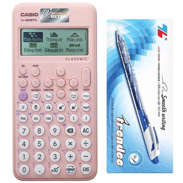 Combo Máy Tính CASIO FX-880BTG - Màu Hồng + Hộp 20 Bút Bi 0.5 mm Treeden