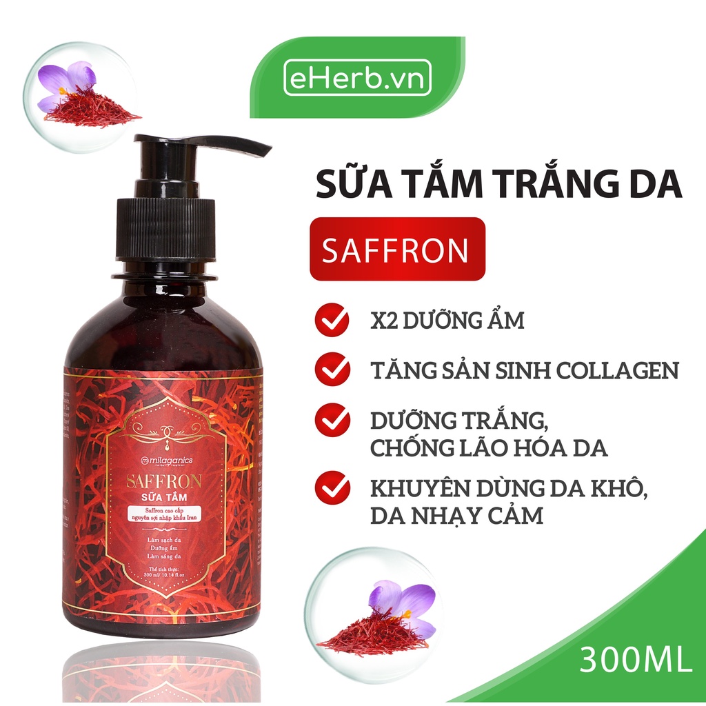 Sữa Tắm Nhụy Hoa Nghệ Tây Milaganics Saffron Shower Gel 2x Moisturizing - Gấp Đôi Dưỡng Ẩm, Giúp Da Sáng Mịn, Hạn Chế Lão Hóa Da (300ml/Chai)