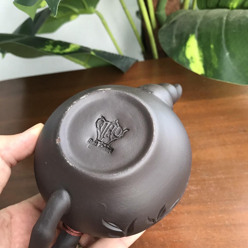 Bộ ấm chén trà đất nung Bát Tràng họa tiết cành trúc kèm phụ kiện