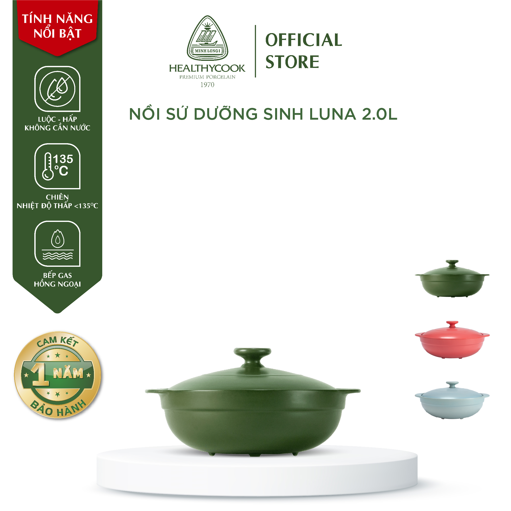 Nồi Sứ Dưỡng Sinh Minh Long Healthy Cook Luna 2.0 L - Dùng Cho Bếp Gas, Bếp Hồng Ngoại