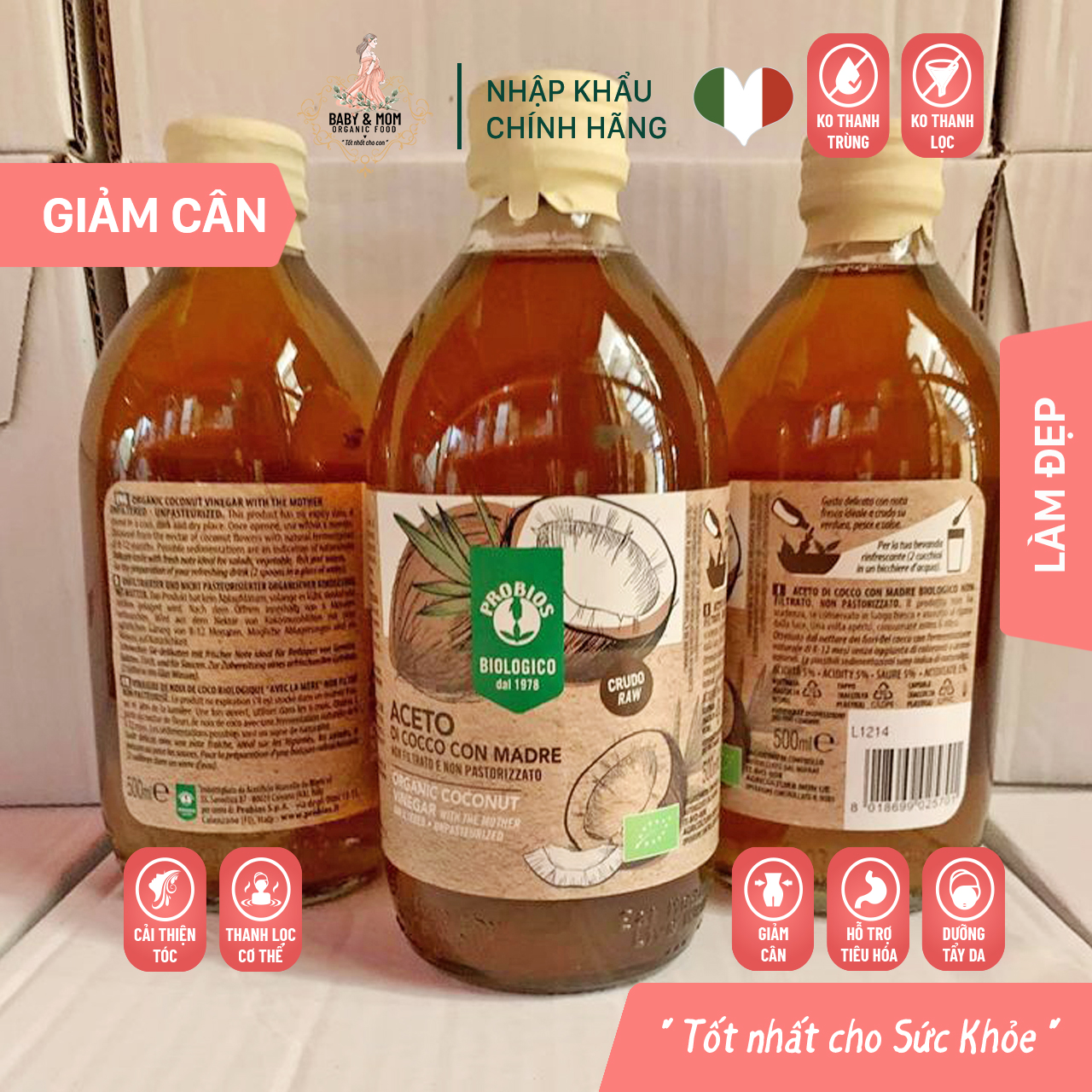 Giấm Dừa Hữu Cơ Có Giấm Cái 500ml ProBios Organic Coconut Vinegar With The Mother