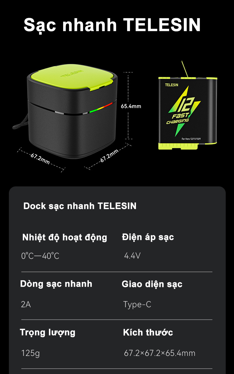 Combo dock sạc nhanh TELESIN + 2 pin Telesin Fast Charging dùng cho GoPro Hero 12/11/10/9