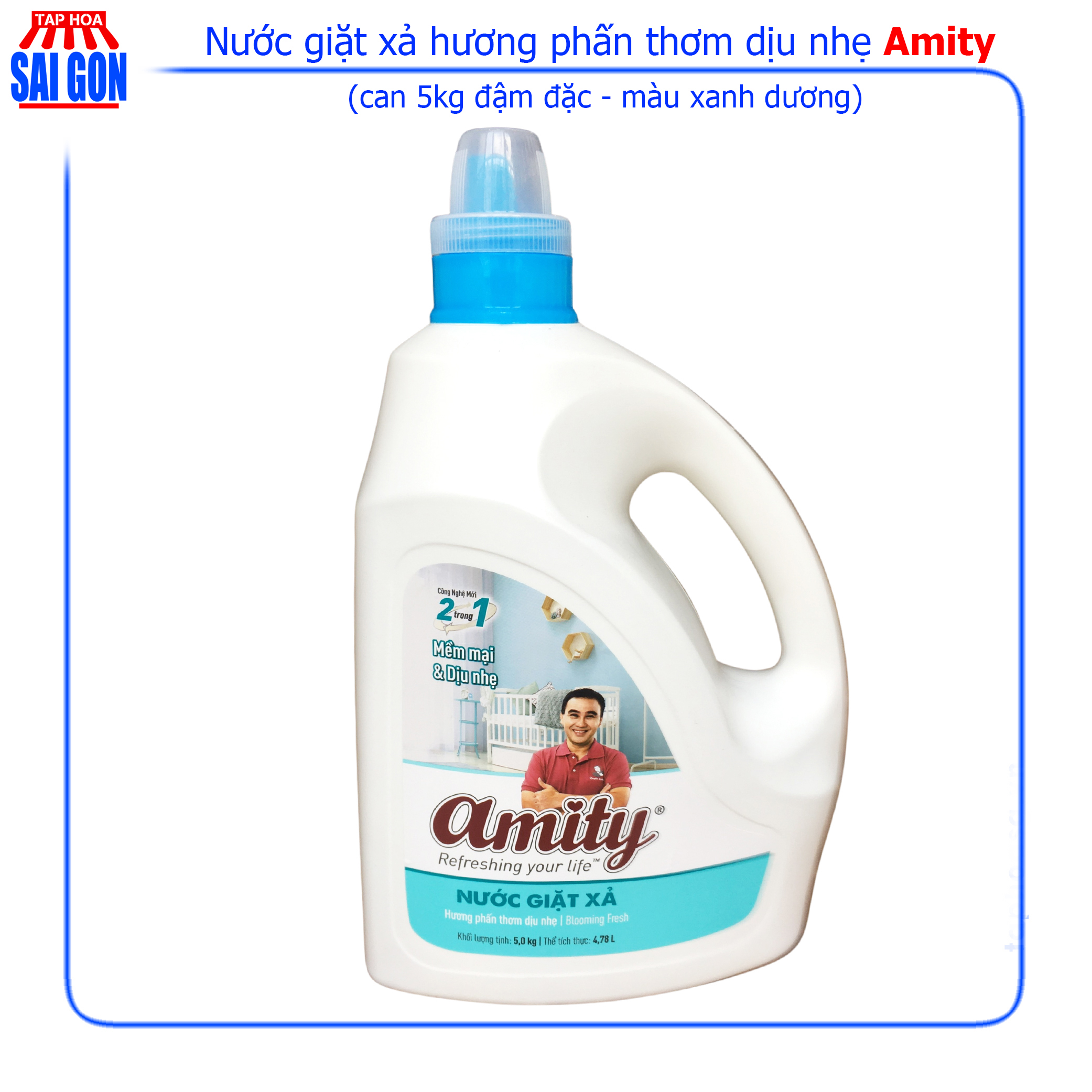 Nước Giặt Xả Amity hương phấm thơm dịu nhẹ (xanh dương) can 5kg giúp giữ mùi thơm nhẹ nhàng suốt cả ngày