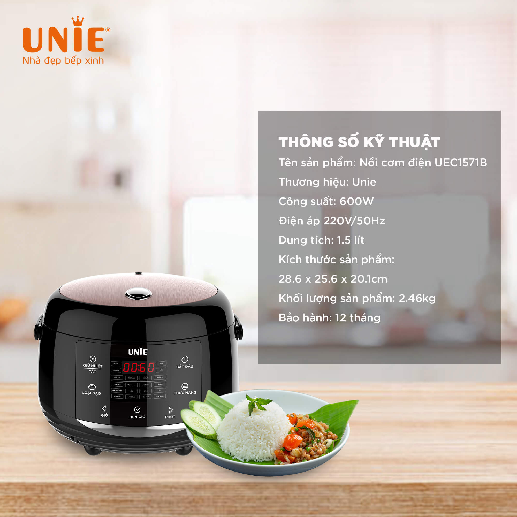 Nồi Cơm Điện Đa Năng UNIE UEC1571B Sang Trọng Tiêu Chuẩn Đức Gồm 16 Chương Trình Nấu Dung Tích 1.5 Lít Dùng Cho Gia Đình 3-4 Người Công Suất 600 W - Hàng Chính Hãng