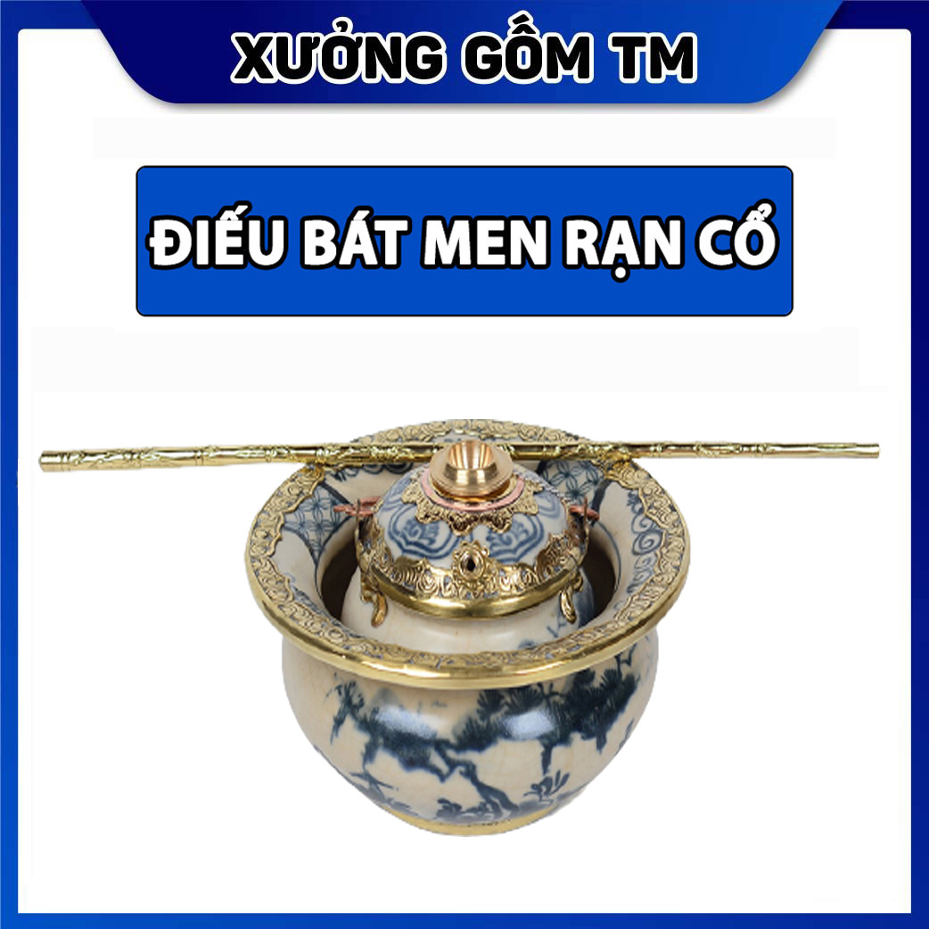 Điêu Bát Men Rạn Bọc Đồng Vẽ Phong Cảnh Gốm Sứ Bat Trang (dieu hut thuoc lao)