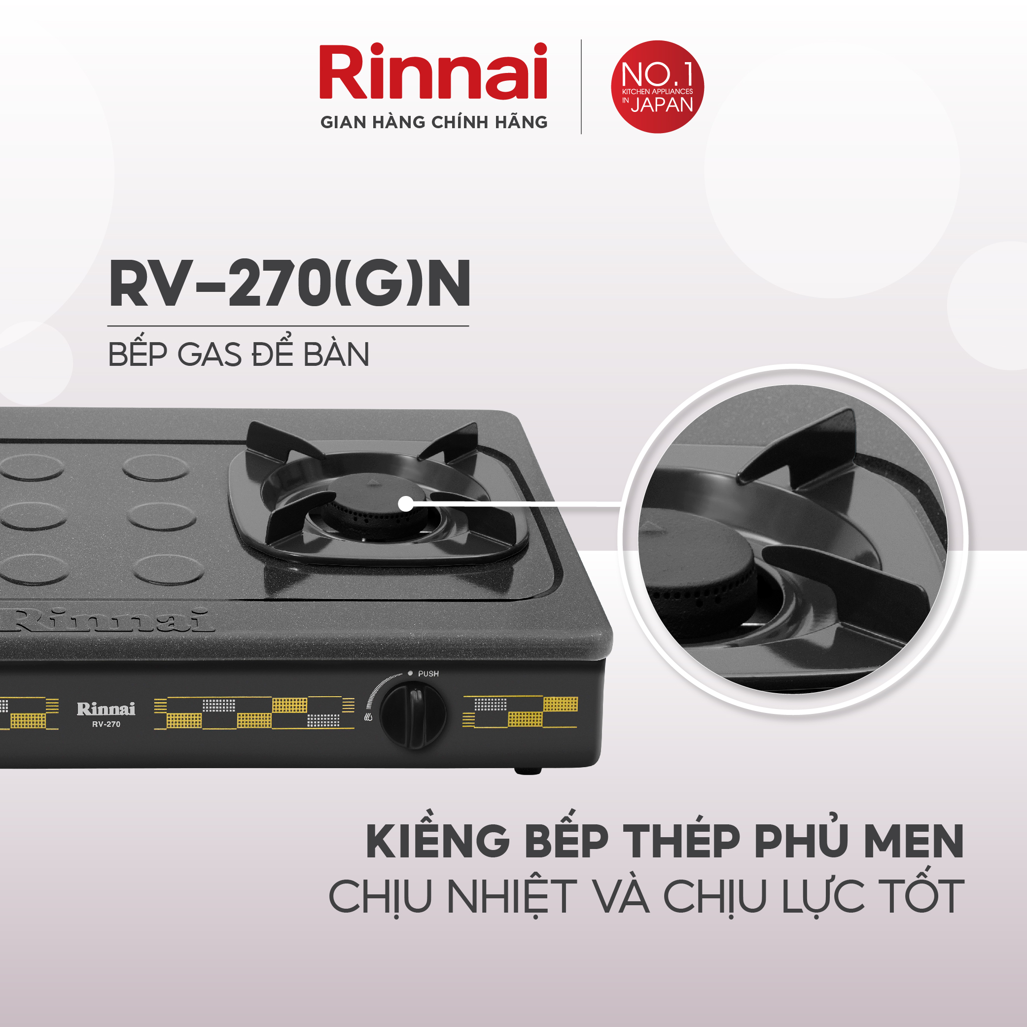 Bếp gas dương Rinnai RV-270(G)N mặt bếp kính Schott và kiềng bếp men - Hàng chính hãng